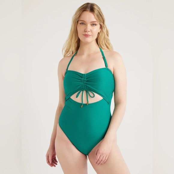 *NWT* Time and Tru Cutout Ribbed One Piece Swimsuit in Green Ocean, Sz S (4-6) - Picture 1 of 12